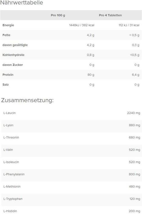 Valeurs nutritives et ingrédients IronMaxx 100% EAAs Ultra Strong (90 tabs) (Neutre, 90 pcs)