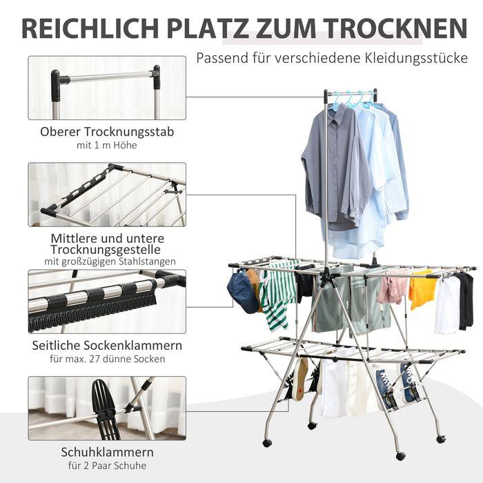 Actual product image Swisshandel24 Folding clothes horse with telescopic poles, stainless steel 138.5x63x208cm
