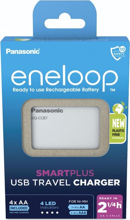 Immagine prodotto Panasonic caricatore da viaggio USB eneloop Smart Plus BQ-CC87 (4 pz., AA, AAA, 2000 mAh, Batteria + Caricabatterie)