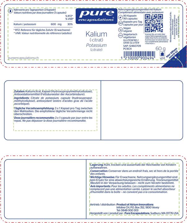 Nährwerte und Zutaten Pure encapsulations Kalium (90 Stück, Kapseln, 84 g)