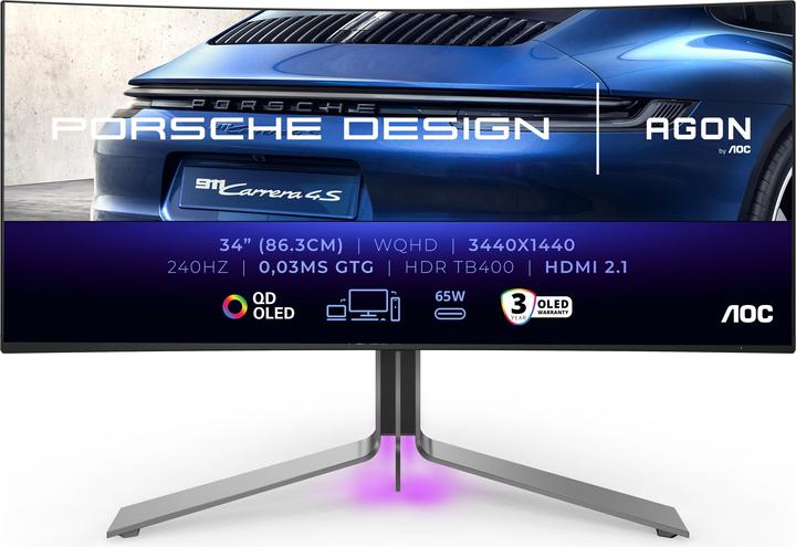 AOC PD3434" Curved OLED Monitor,,, Speakers, höhenverstellbar, 2x HDMI, DisplayPort, USB Hub, RJ45, PD (3440 x 1440 Pixel, 34")