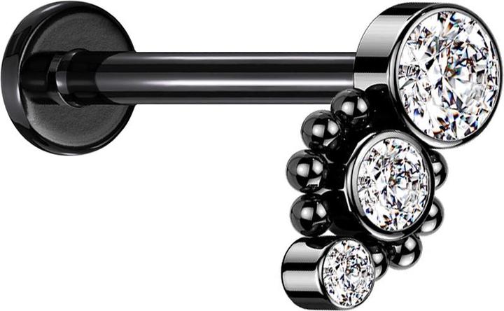 Actual product image Star Piercing Micro Labret internal thread black eight balls three crystals silver (without brass, Surgical steel 316L)