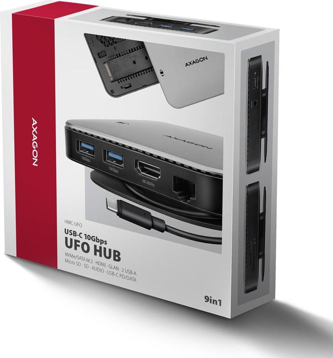 Immagine prodotto Axagon HMC-UFO hub USB-C, M.2 SATA/NVMe, 1 Gbit/s Ethernet, 384 kHz audio - nero/argento (USB-C, 3 Porti)