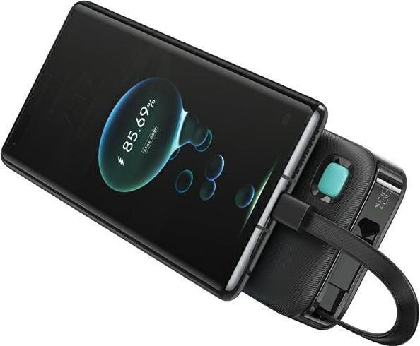 Actual product image Usams Powerbank ze zwijanym kablem USB-C Retractable 10000 mAh PD 20W Fast Charge XY Series czarny/b (10000 mAh, 50 W, 50 Wh)
