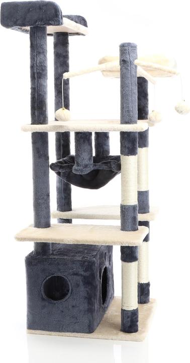 Actual product image Fudajo Cat Tree Dark Grey Scratching Tree 134cm High Climbing Tree with Cat House and Hammock (133 cm, Dark grey, Beige)