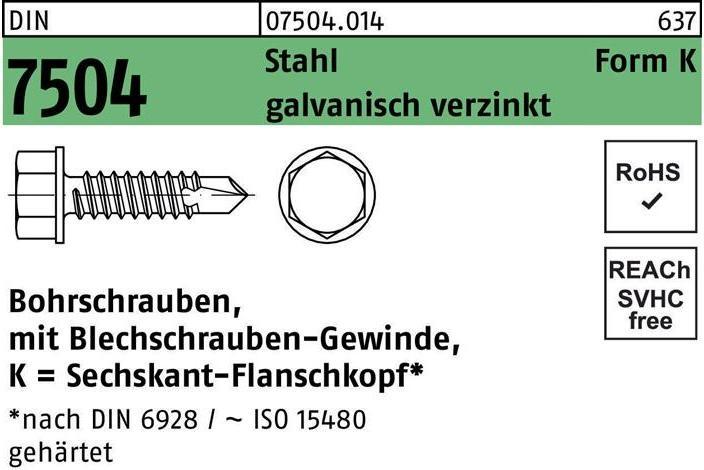 Produktbild Sechskantbohrschraube ISO 15480 m.Bund ST 4,8 x 70 Stahl gehärtet galvanisch verzinkt galvanisch... (250 Schrauben pro Stück)