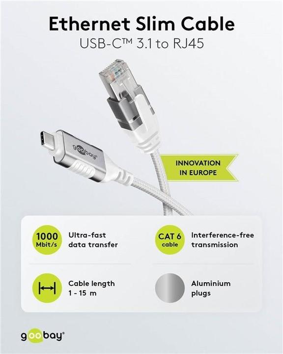 Image du produit Goobay Câble Ethernet USB-C 3.1 vers RJ45, Slim, 1 m (USB-C, RJ45 (1x))