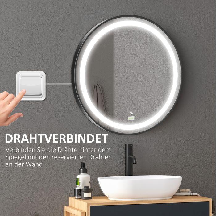 Produktbild Swisshandel24 Badezimmerspiegel, LED-Beleuchtung, dimmbar, 3 Lichtfarben, Metallrahmen, Ø60 cm, Schwarz (Ø 60 cm)