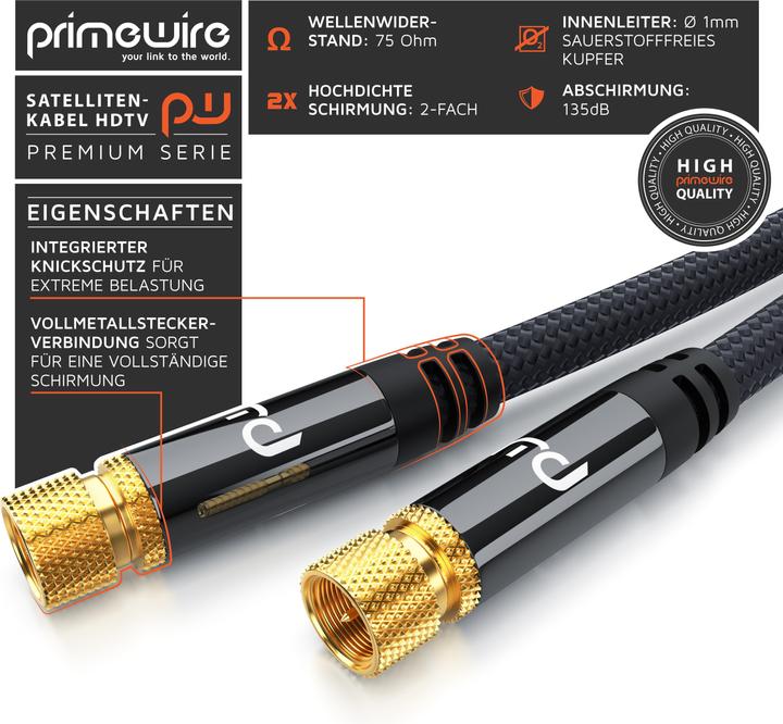 Image du produit Primewire Câble satellite HDTV avec gaine en tissu, câble SAT, 135dB 75 ohms, 8k, 4k, HDTV, connecteur F, noir (135 dB, Câble d'antenne)