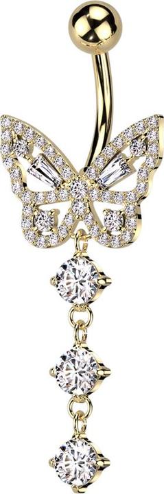 Star Piercing Banane vergoldet mit Kugel und Schmetterling Anhänger Kette mit drei Kristallen silber (Chirurgenstahl 316L/Messing)