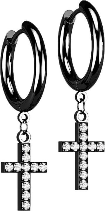 Produktbild Star Piercing Ohrring schwarz Anhänger Kreuz mit Kristallen (ohne Messing, Chirurgenstahl 316L)