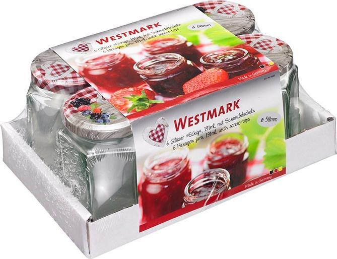 Actual product image Westmark Set of 6 191ml 6 corner jars, with heart decor lid, 58 mm (6 pcs., 0.19 l)