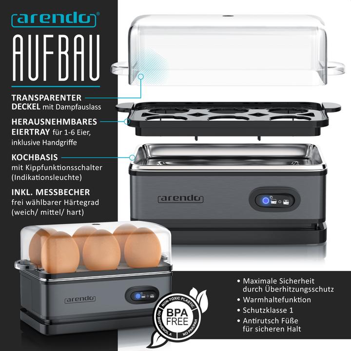 Produktbild Arendo Frühstücks Set, Wasserkocher 1,5l Temperaturwahl, 4 Scheiben Toaster & Eierkocher für 6 Eier, Grau