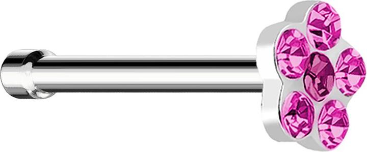 Produktbild Star Piercing Nasenstecker gerade silber mit Blume und 5 Kristalle pink (ohne Messing, Chirurgenstahl 316L)