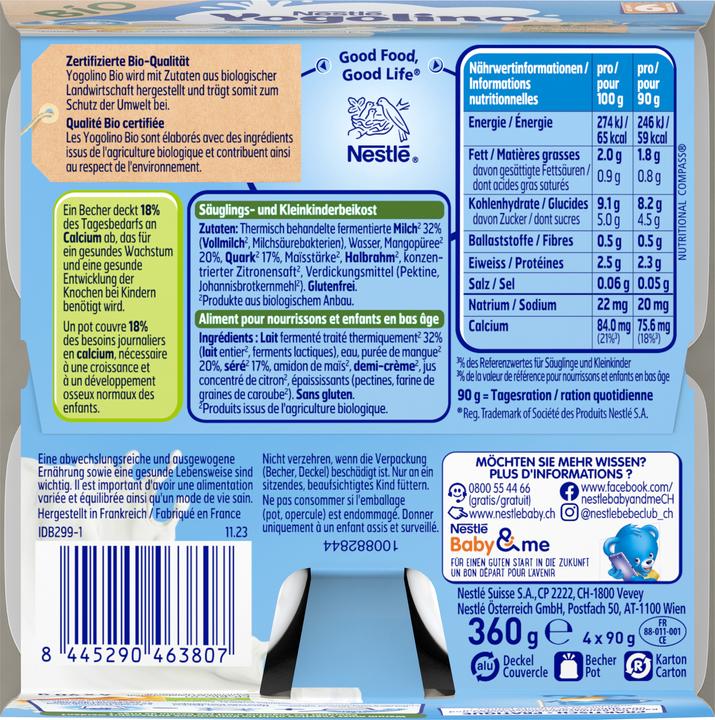 Valeurs nutritives et ingrédients Yogolino bio mangue séré 6 mois (393 g)