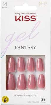 KISS Gel Fantasy Press On Nails Pink Medium Coffin Shape 28 Nails 2g Glue 1 Manicure Stick 1 Mini File Re (Pink)