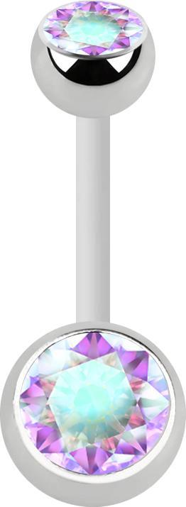 Star Piercing Banane weiss mit zwei Kugeln silber Kristall multicolor (Chirurgenstahl 316L, ohne Messing, Bioflex)