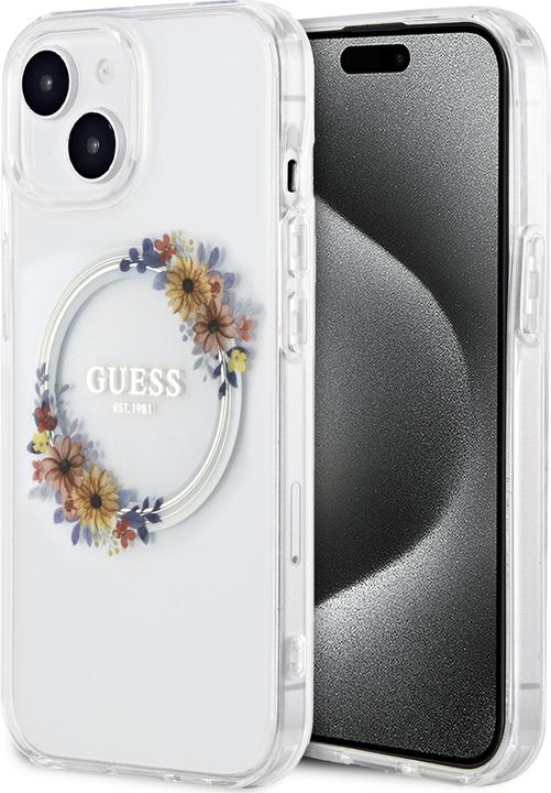 Productafbeelding Guess GUHMP15SHFWFCT iPhone 15 / 14 / 13 6,1" transparante hardcase IML Bloemen Krans MagSafe (Apple iPhone 15)