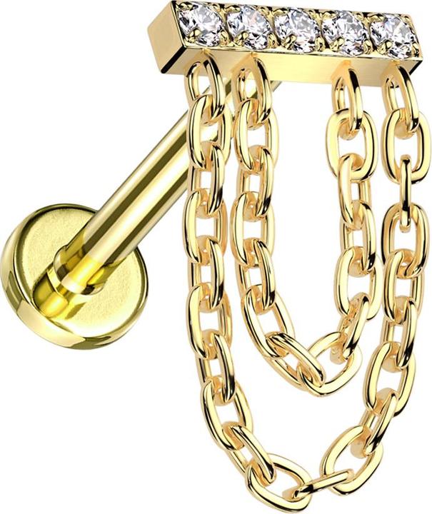 Actual product image Star Piercing Micro labret inner thread gold-plated bar gold-plated crystals silver pendant two chains (without brass, Titanium G23)