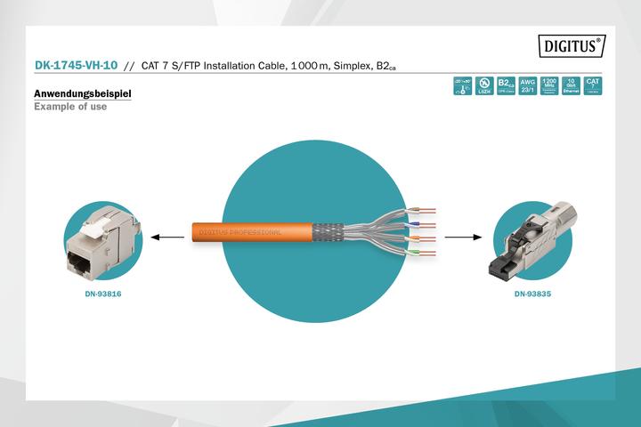 Produktbild Digitus CAT 7 S-FTP Installationskabel, 1200 MHz B2ca (EN 50575), AWG 23/1, 1000 m Trommel, Simplex, Farbe O (S/FTP, CAT7, 1000 m)
