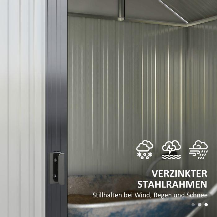 Produktbild Swisshandel24 Gerätehaus Stahl 2,7m² UV-Schutz 2 Schiebetüren Regal Fundament Dunkelgrau 238x132x198,5cm