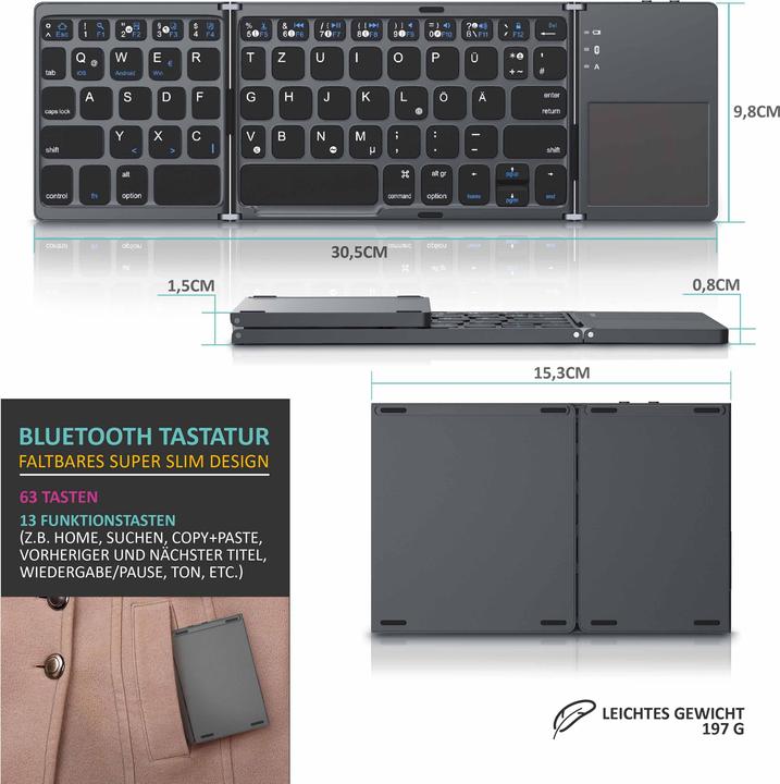 Produktbild Aplic Wireless Tastatur, faltbares Mini Bluetooth Keyboard mit Touchpad im Super Slim Design (DE, Kabellos)