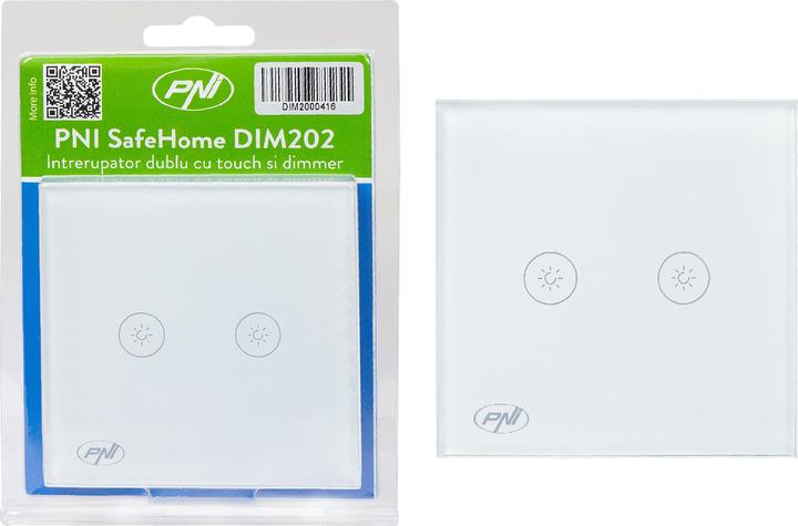 Actual product image PNI Double switch with touch and dimmer SafeHome DIM202, 2X700W, Live Wire, without zero, glass