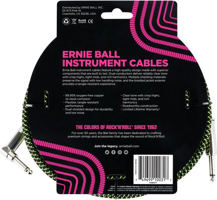 Actual product image Ernie Ball Instrument cable 6077 - 3.05 m, green/black, length: 3.05 (3.05 m, Device-specific)