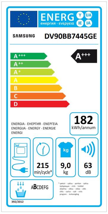 Label énergétique Samsung DV7400 (9 kg, Droite)