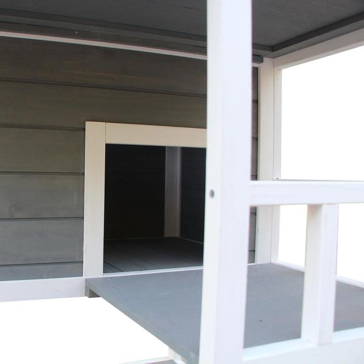 Immagine prodotto PawHut Rifugio per gatti da esterno con terrazza, 4 piani, resistente all'inverno, grigio, 75,5x75x137cm (137 cm, Grigio scuro Bianco)