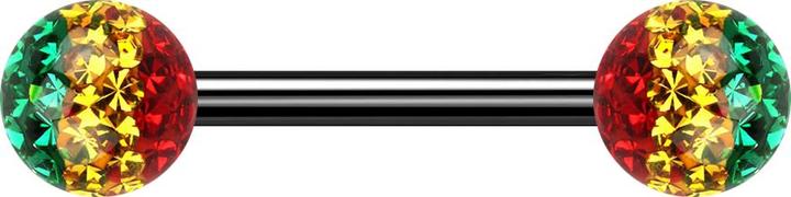 Star Piercing Barbell schwarz mit zwei Kristall Kugeln Rasta Epoxy Schutzschicht (Titan G23, ohne Messing)