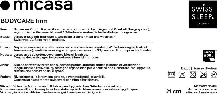 Valeurs nutritives et ingrédients SwissSleep by riposa BODYCARE firm (80 x 200 cm, Noyau de mousse)