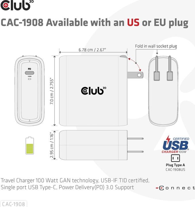 Immagine prodotto Club 3D Caricabatterie da viaggio Club3D 1xUSB Tipo C, PD 100W al dettaglio (100 W)