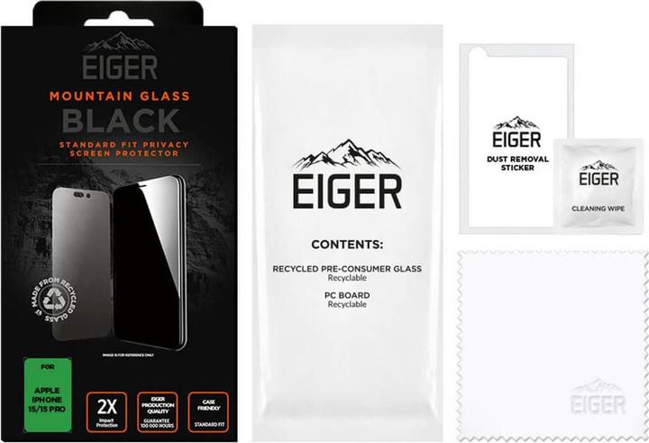 Actual product image Eiger Mountain Glass Black (1 Piece, Apple iPhone 15 Pro, Apple iPhone 15, Apple iPhone 16)