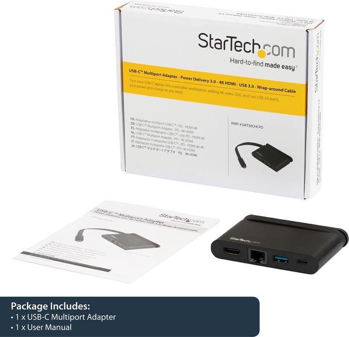 Actual product image StarTech USB C Multiport Adapter with HDMI - 4K - Mac / Windows - 1xA + 1xC - 100W PD 3.0 - GbE (USB-C, 3 Ports)