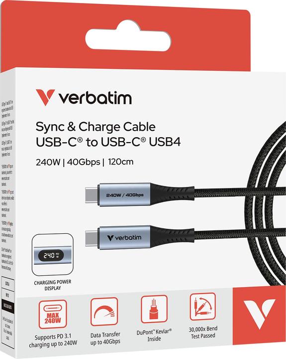 Actual product image Verbatim Sync & Charge USB C to USB C 240W 40 Gbps Display 120 cm (1.20 m, USB 4.0)