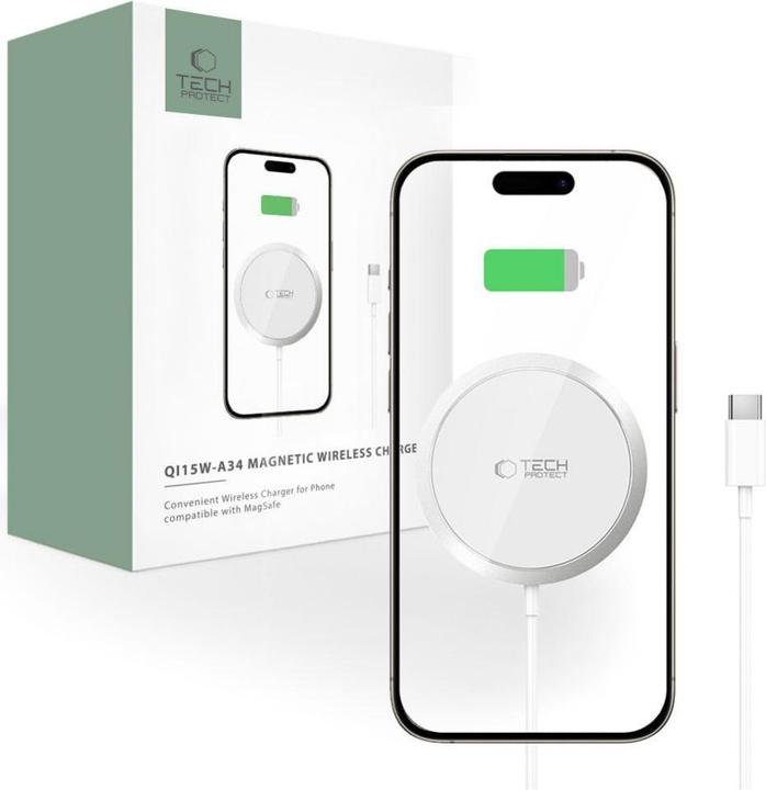 Actual product image Tech-Protect QI15W-A34 inductive charger with MagSafe with USB-C cable - white (15 W)