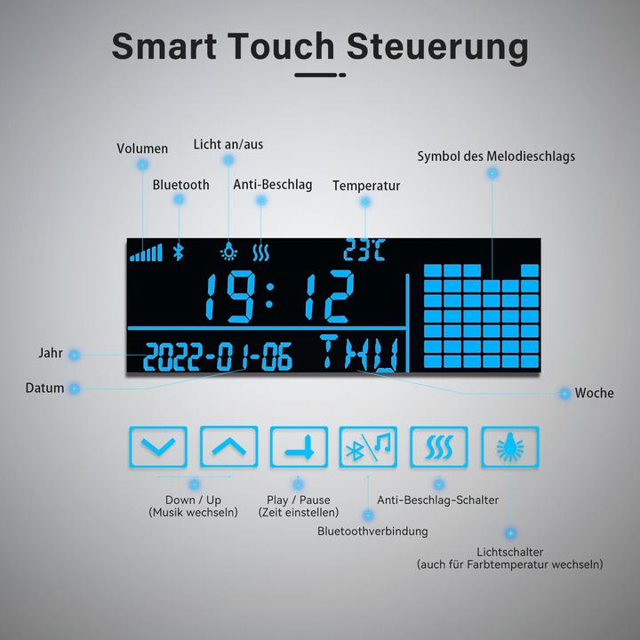 Produktbild SONNI Badezimmerspiegel mit LED-Beleuchtung, 120 x 60 cm, Bluetooth-Lautsprecher + 3 Lichtfarben ein