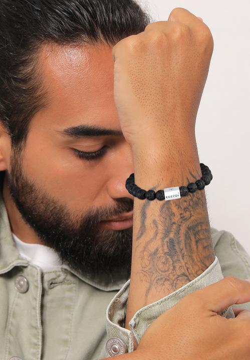Actual product image Kuzzoi Bracelet Men Lava Gemstone Bead Rectangle 925 Silver (19 cm, 925 silver)