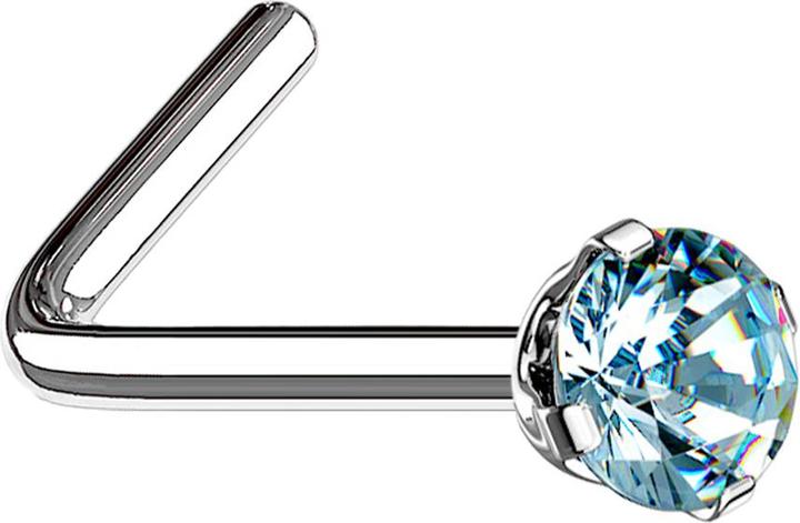 Image du produit Star Piercing Clous de nez coudés argentés cristal rond serti aqua (Acier chirurgical 316L)