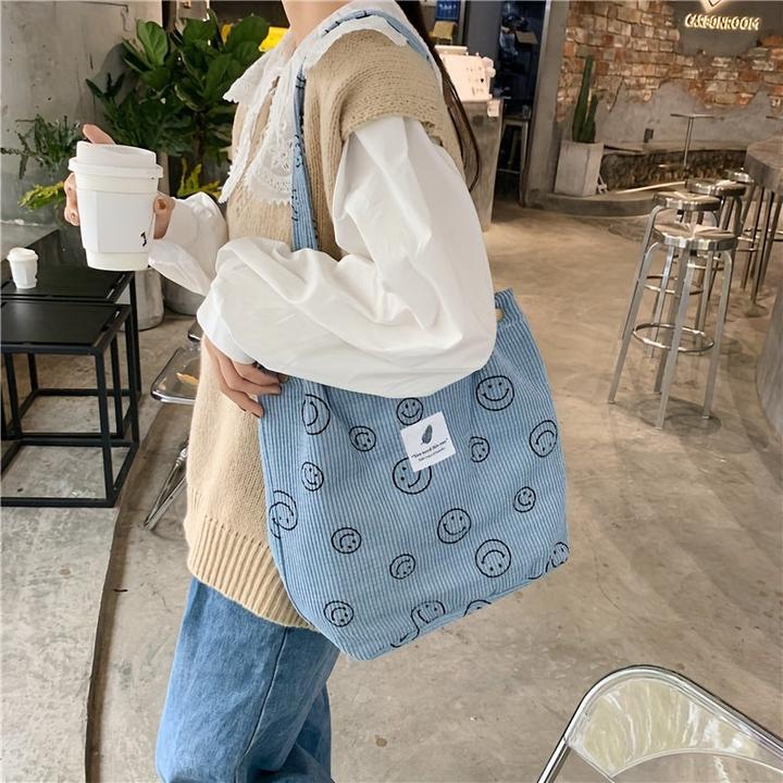 Only-Bags.Store Retro Corduroy Tote Bag, Lächelndes Gesicht Druck Umhängetasche, einfache Handtasche für Schule