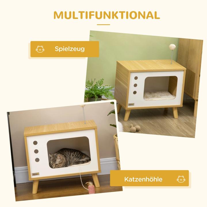 Image du produit PawHut Cave à chat design TV avec jouets et coussins, chêne, 50x28x43cm (Chat)