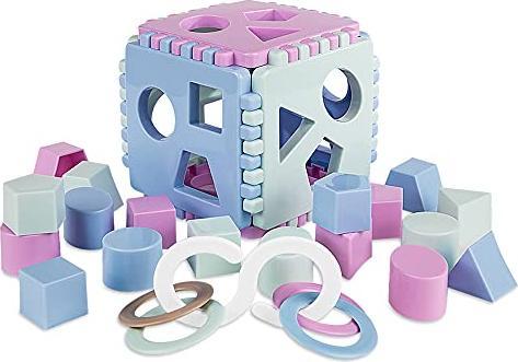Activity Board Formensortierer Steckwürfel | Steckbox Babyspielwürfel mit 18 Sortierblöcken und Kinderrassel
