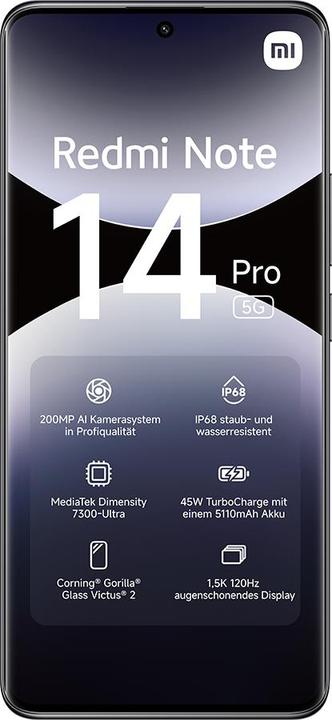 Produktbild Xiaomi Redmi Note 14 Pro 5G (512 GB, Midnight Black, 6.67", Dual SIM, 200 Mpx, 5G)