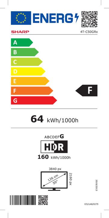 Etichetta energetica Sharp 50GR8265E | 50" | Smart TV | Google TV | 4K Ultra HD (50", GR8, QLED, 4K)