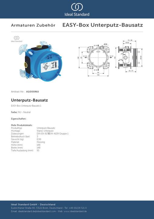 Produktbild Ideal Standard UP-Bausatz 1 EASY-Box für Einhebelmischer und Thermostate