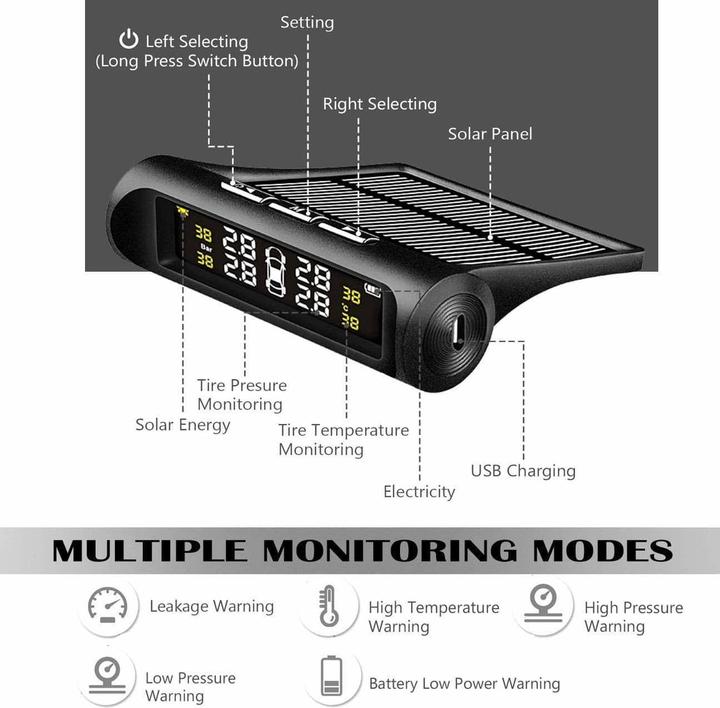 Image du produit JTI TPMS Système de contrôle de la pression des pneus sans fil, cellule solaire / USB