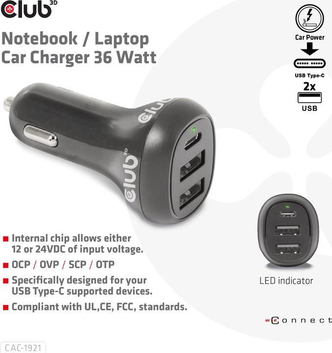 Actual product image Club 3D Club3D USB Car Charger 1xUSB C, 2xUSB A, 36W, 12/24V retail