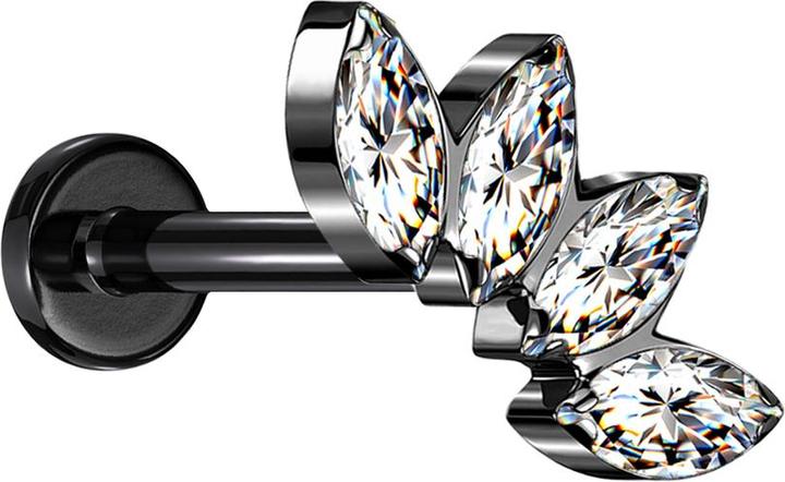 Produktbild Star Piercing Micro Labret Innengewinde schwarz Fächer mit vier Kristallen silber (ohne Messing, Titan G23)