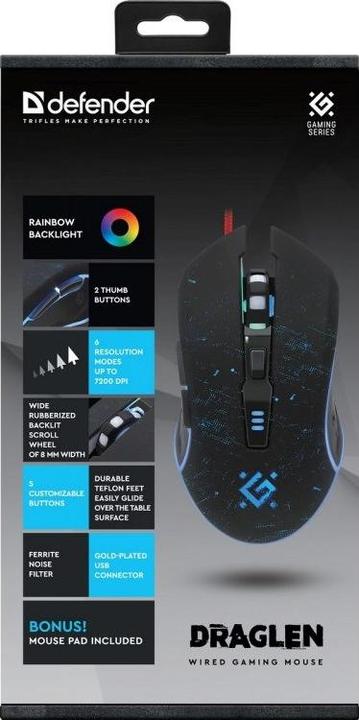 Produktbild Defender DRAGLEN GM-907 7200 DPI kabelgebundene Gaming-Maus (Kabelgebunden)